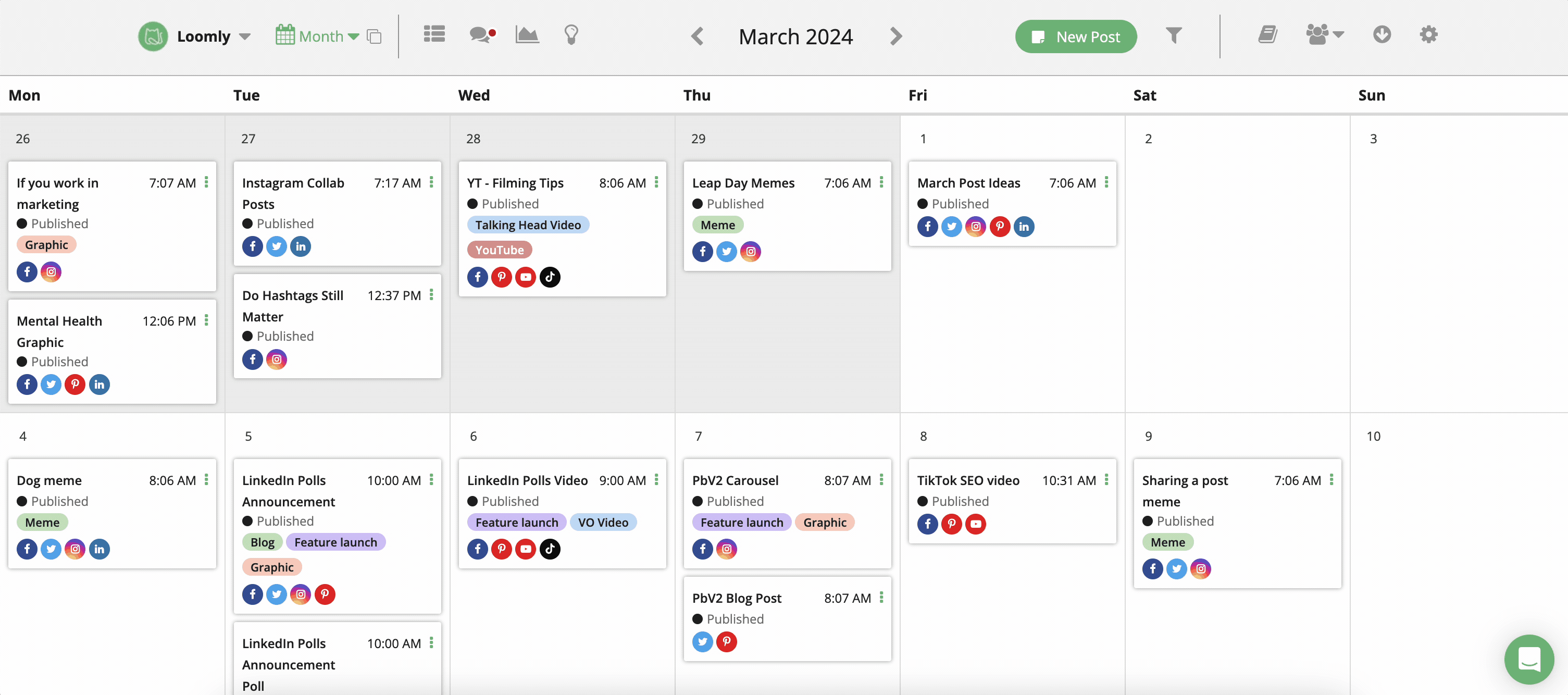GIF displaying the calendar view switching to the list view and showing filtering and exports
