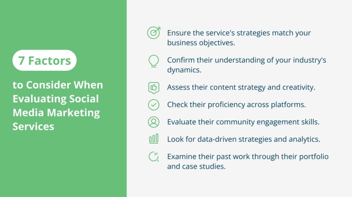 Graphic showing the factors to consider when evaluating social media marketing services