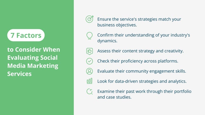 7 Factors to Consider When Evaluating Social Media Marketing Services Graphic showing the factors to consider when evaluating social media marketing services