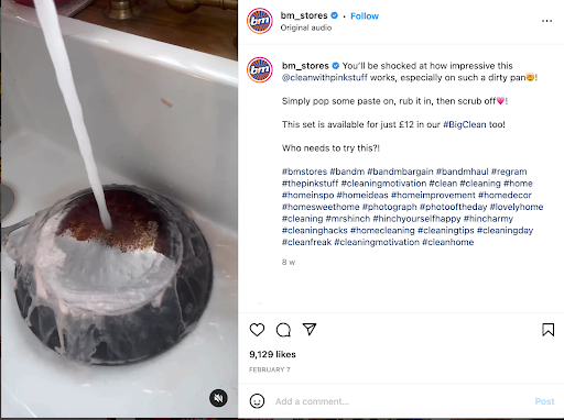 B&M Instagram reels post on cleaning dirty pan
