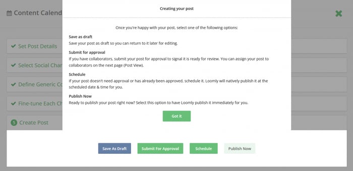 The final step is to schedule the content or submit it for approval