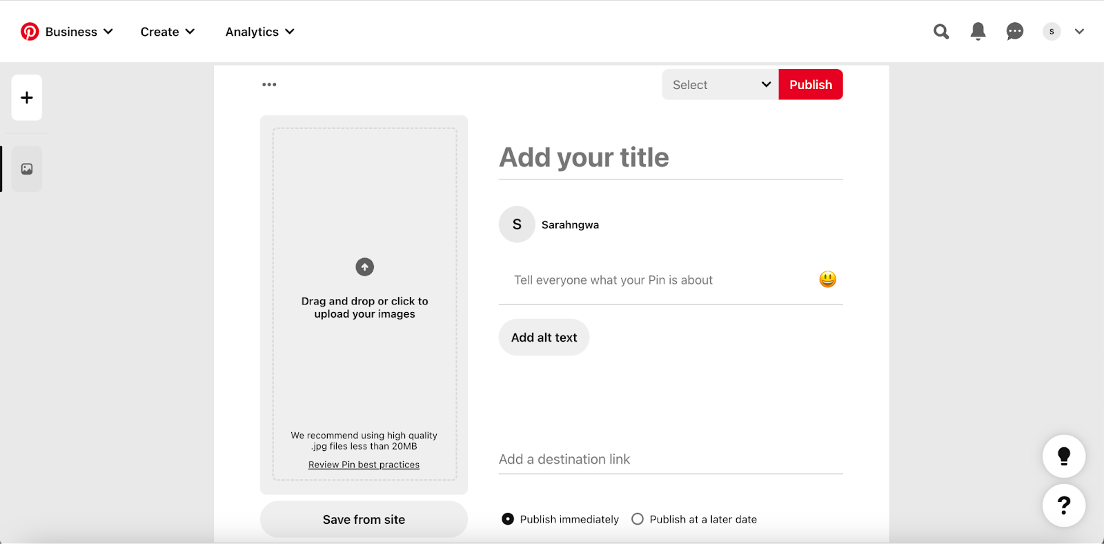 Screenshot of a blank Pinterest Video Pin setup interface.