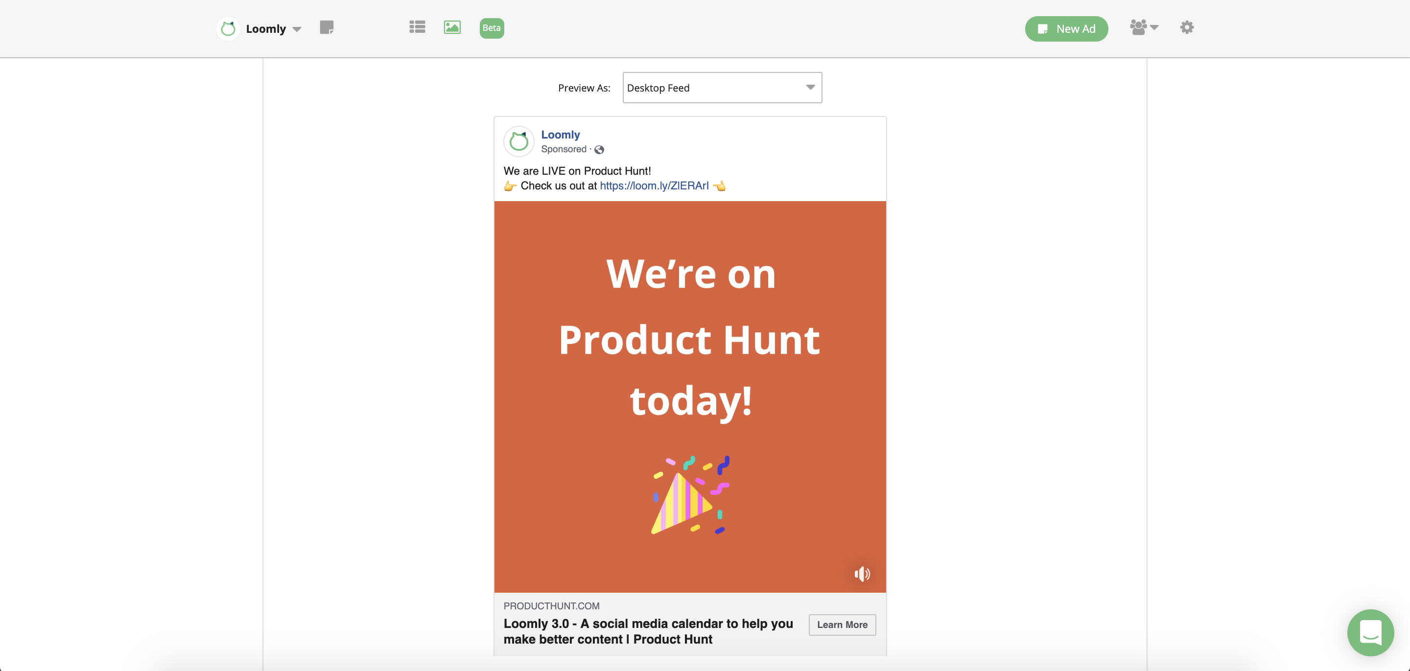 Facebook Video Ads Example Loomly Product Hunt Campaign