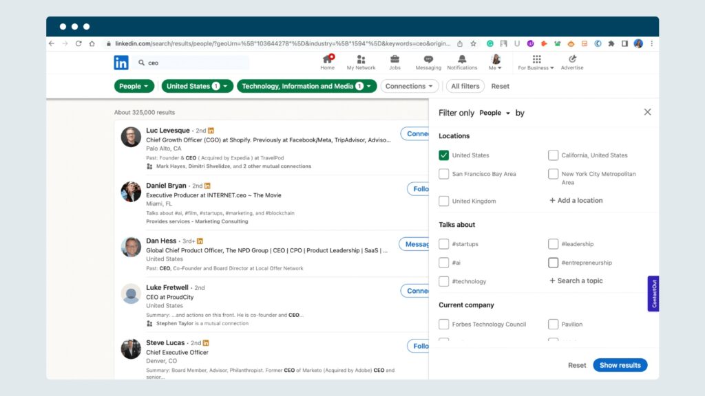 Linkedin search filters