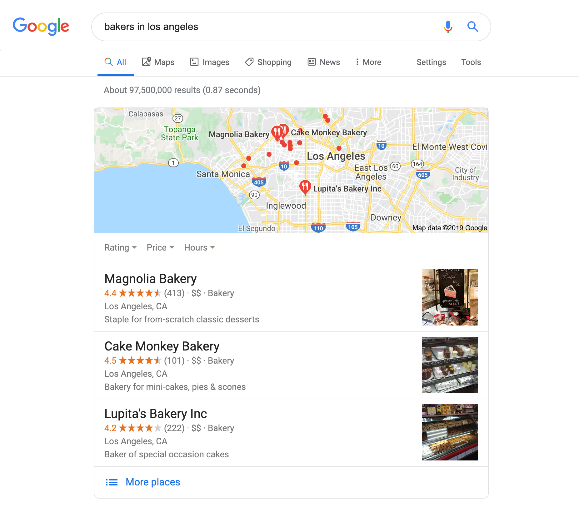Google My Business Snack Pack Example Bakers In Los Angeles