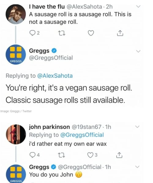 Screenshot of Greggs vegan sausage roll viral tweet
