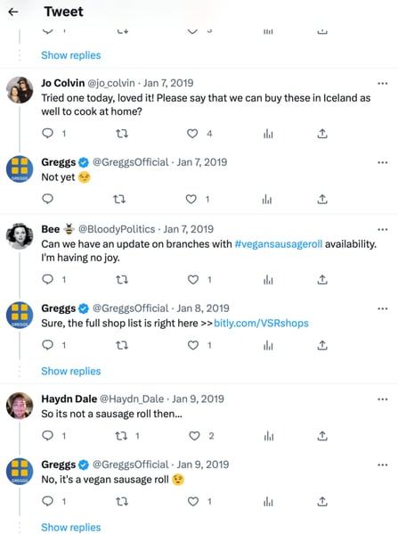 Screenshot of replies to Greggs sausage roll tweet