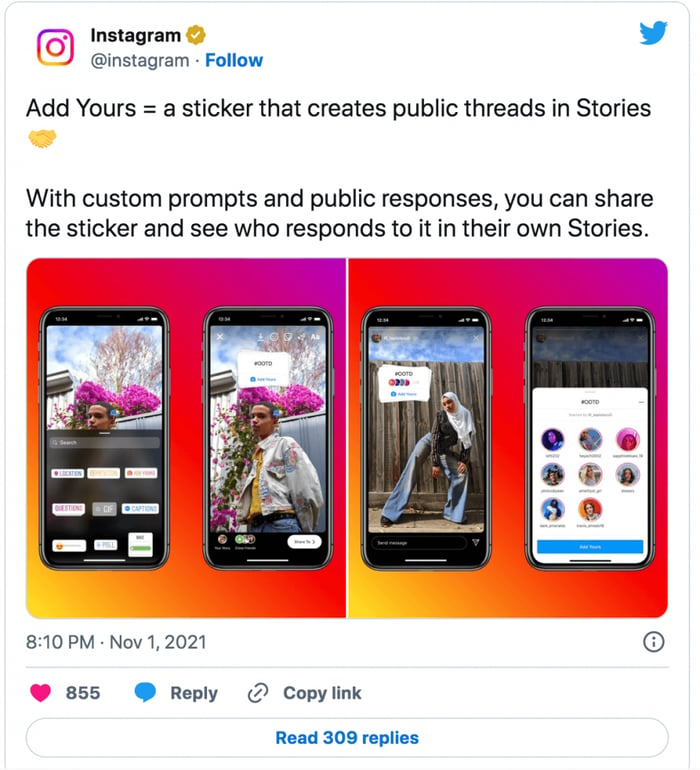 Instagram's "add yours" sticker announcement