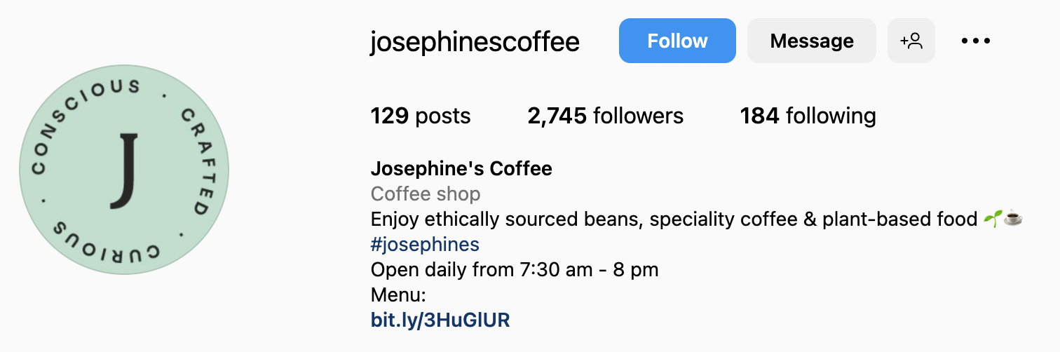 Screenshot of Josephines Coffee's Instagram account