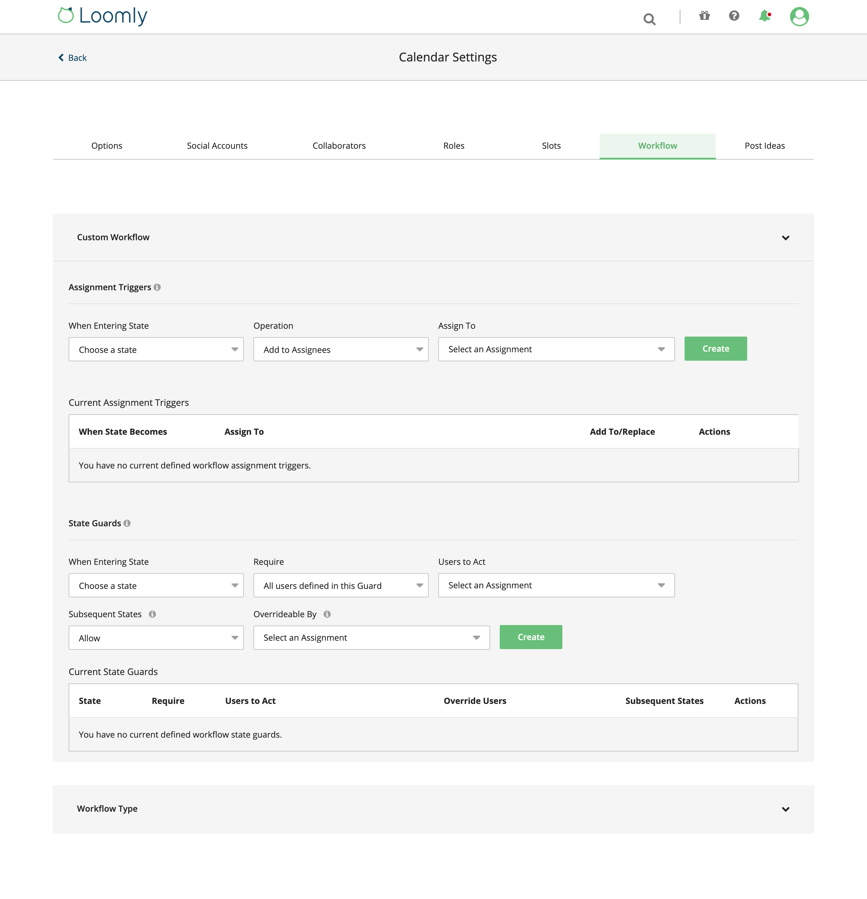 Loomly Custom Workflows Calendar Settings Workflow Tab
