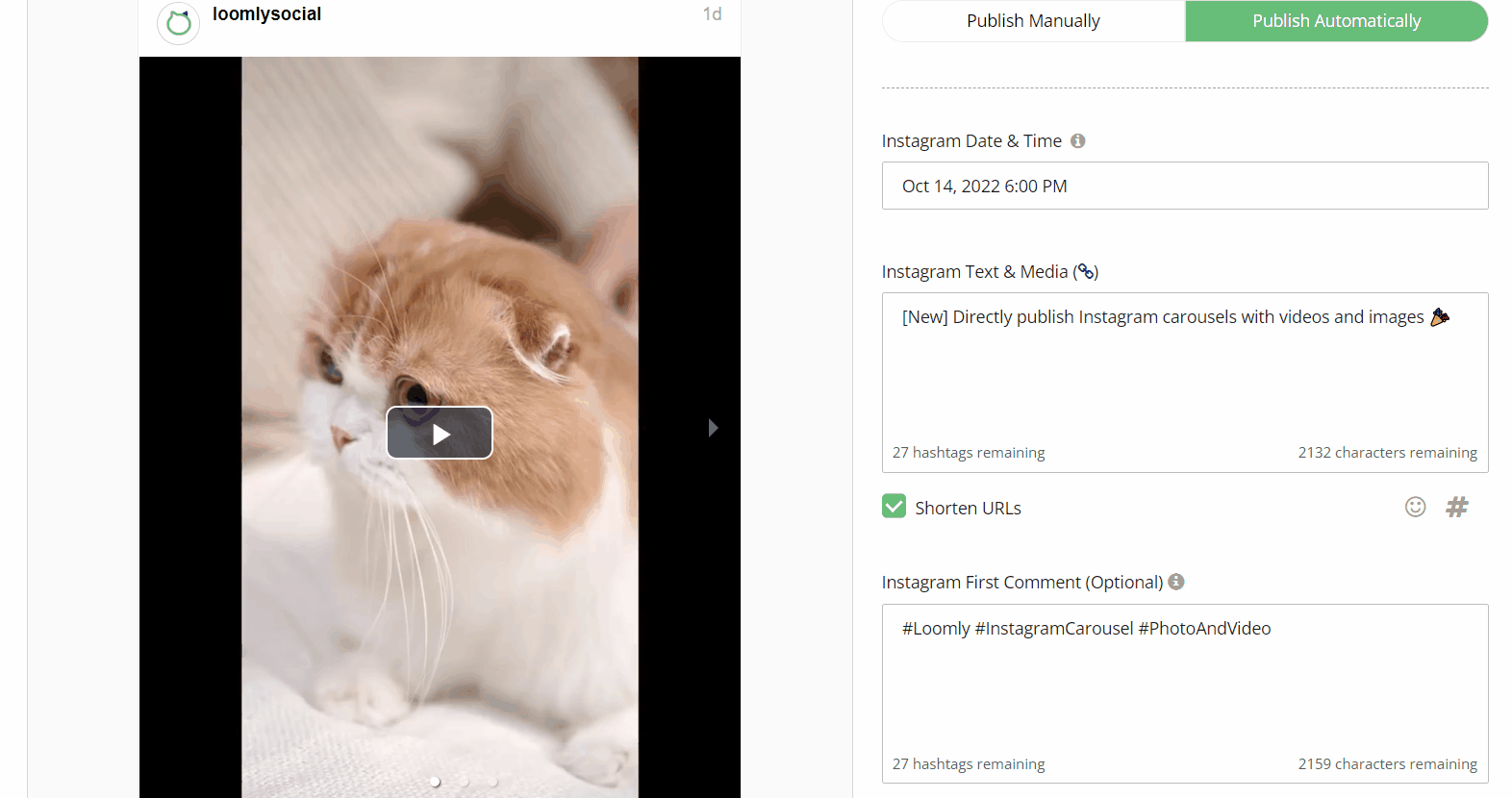 A GIF of Loomly's post builder workflow. The user is adding and scrolling through images and videos as part of an Instagram Carousel post.
