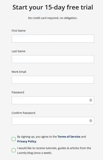 Sign-up for Loomly with your name, email, and password.