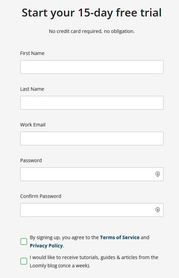 Sign-up for Loomly with your name, email, and password.