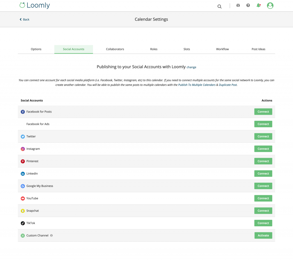 Loomly Snapchat Integration Calendar Settings