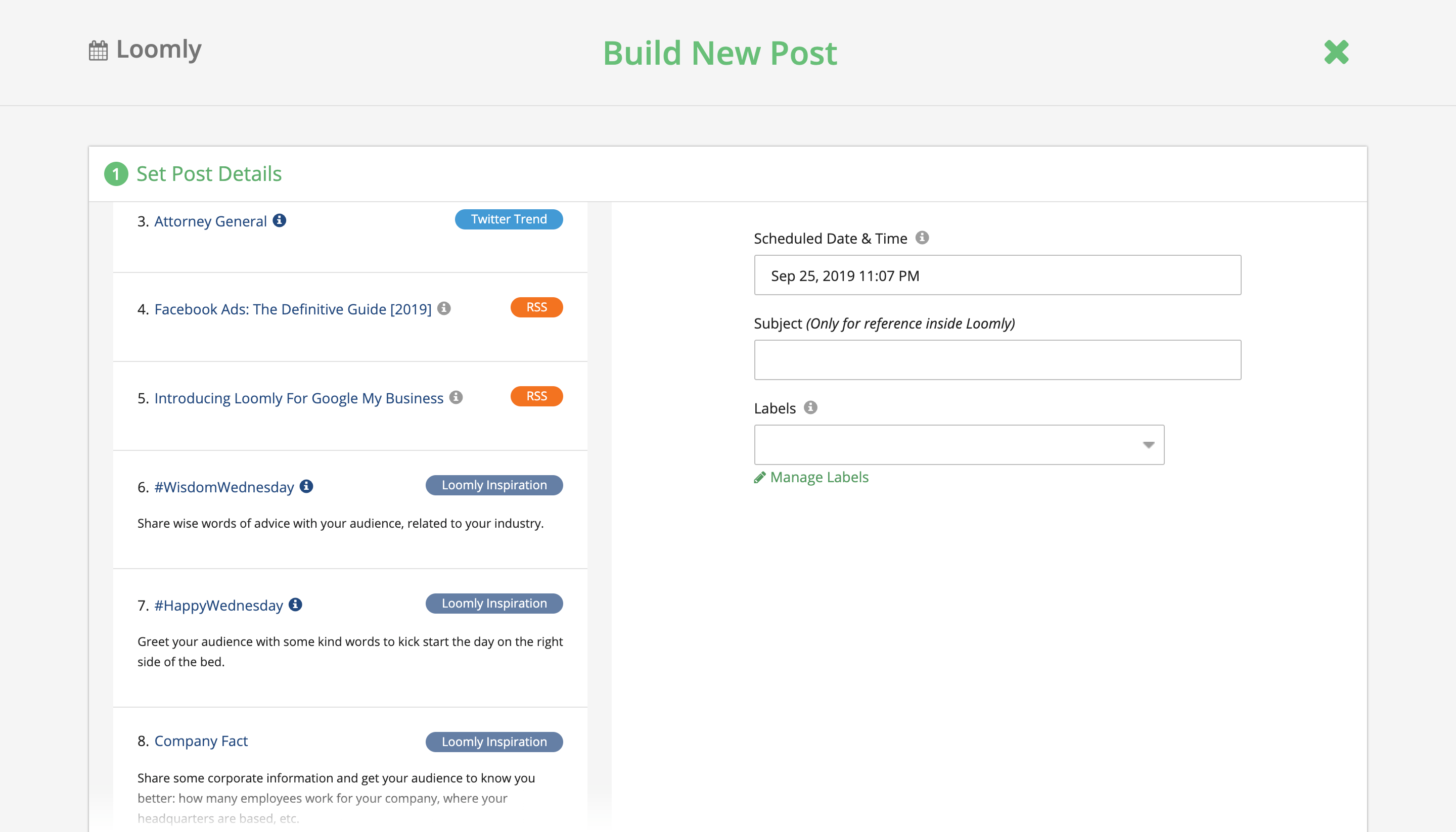 Loomly Social Media Calendar Get New Post Ideas In Post Builder