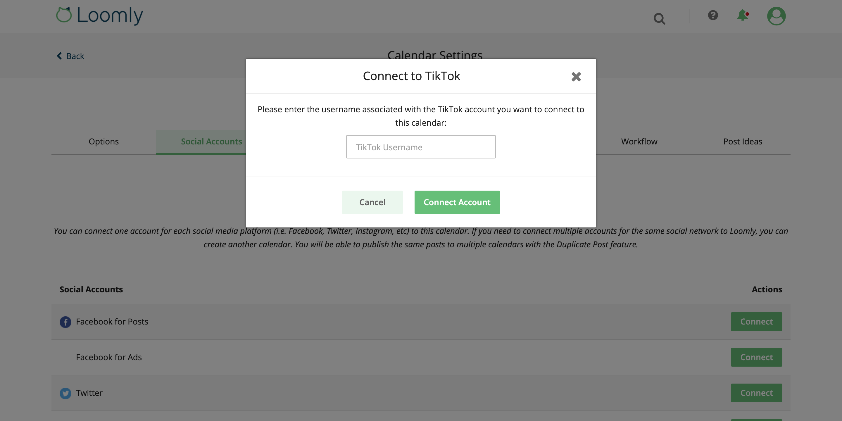 Loomly TikTok Integration Enter TikTok Username
