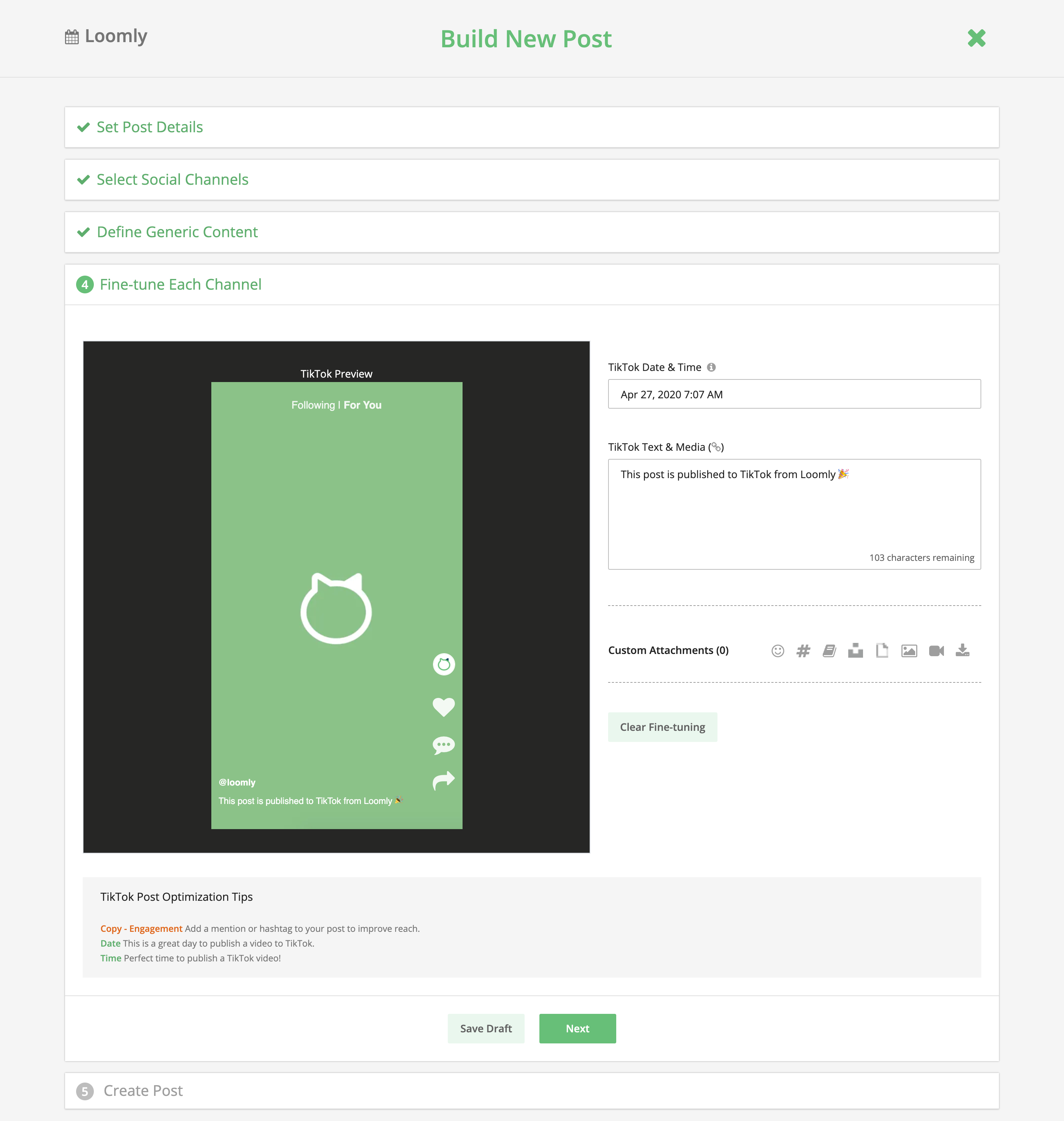 Loomly TikTok Integration Post Builder Fine-Tuning Panel