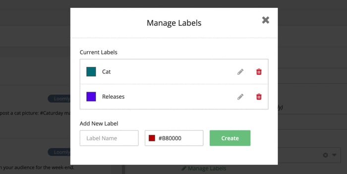 Manage Labels in Loomly Pop Up