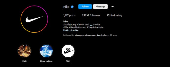 Nike uses the same handle for Instagram and the rest of its social media profiles