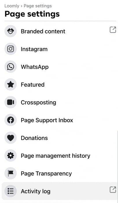 Facebook activity log from the page settings menu