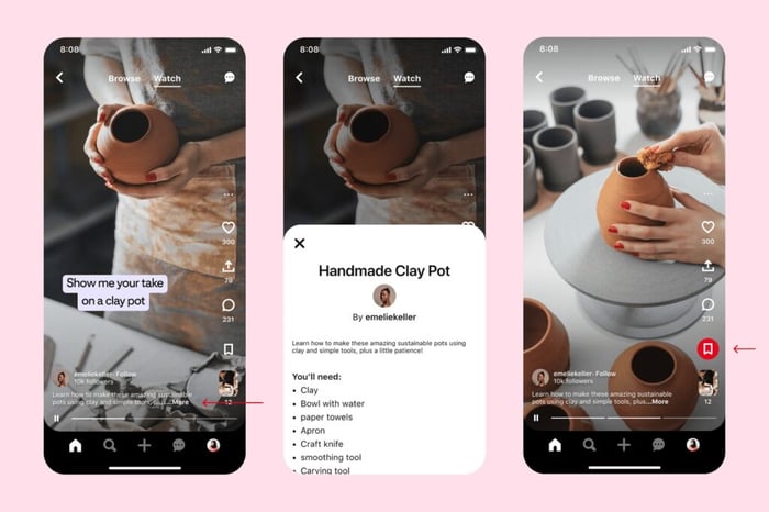 Collage of mobile screens showing Pinterest's Watch Tab feature.