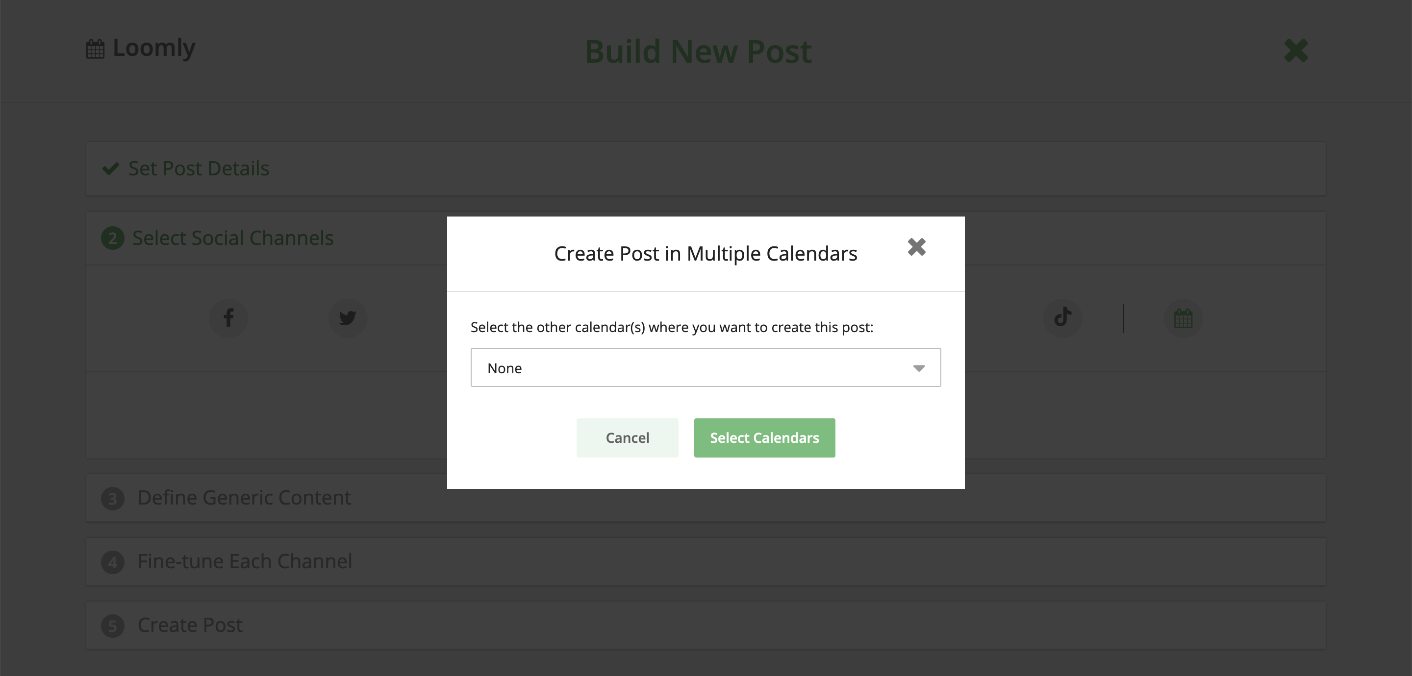 Publish posts to multiple calendars in Post Builder with Loomly Select calendars