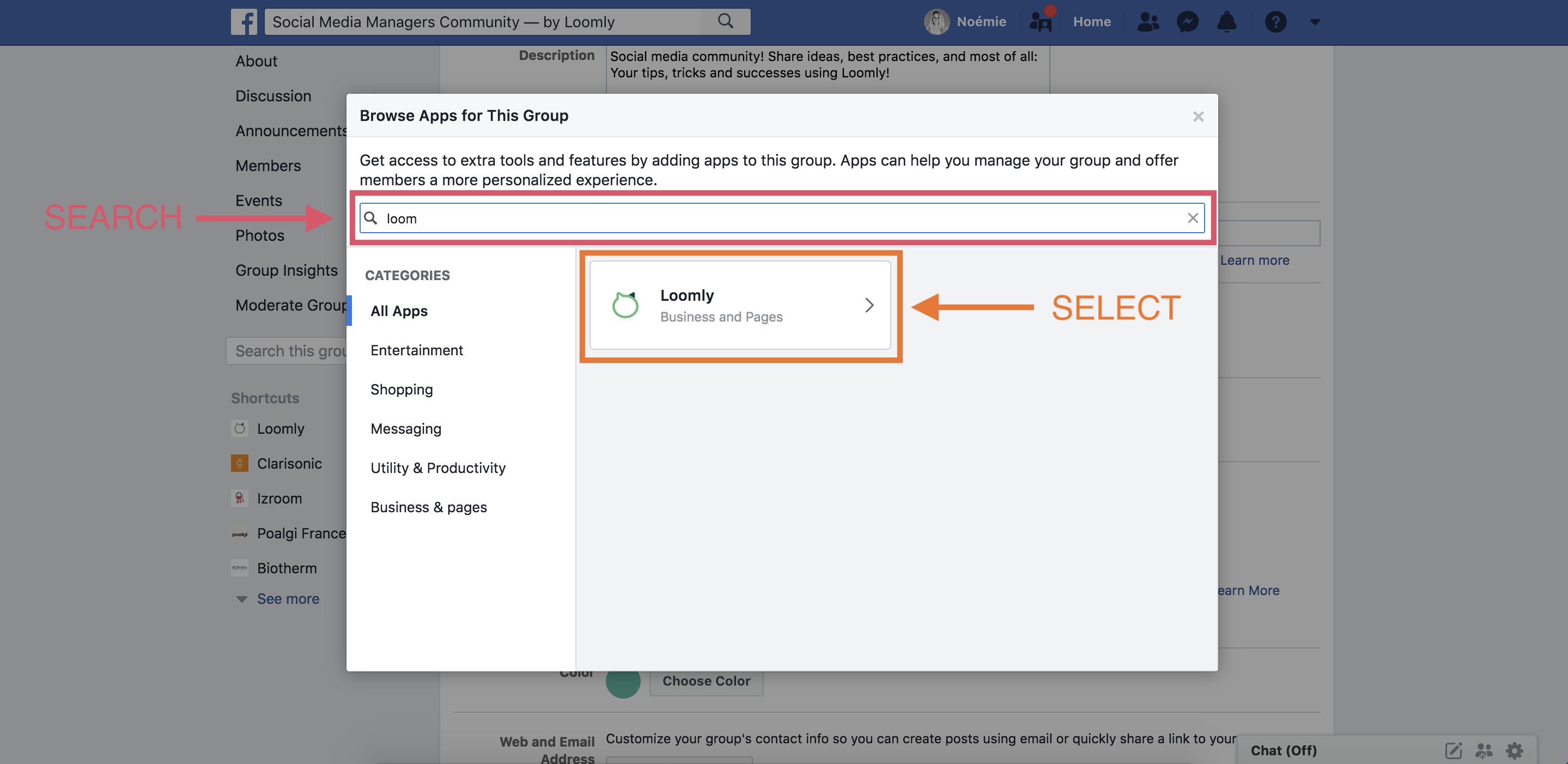 Publishing to Facebook Groups search select Loomly