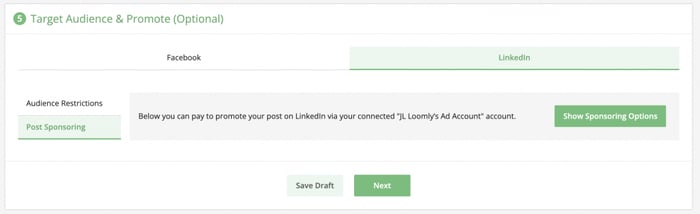A panel of Loomly's post builder workflow with a button to show LinkedIn post sponsoring options.