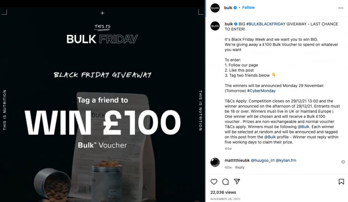 A promotion by Bulk offering a voucher in a giveaway.