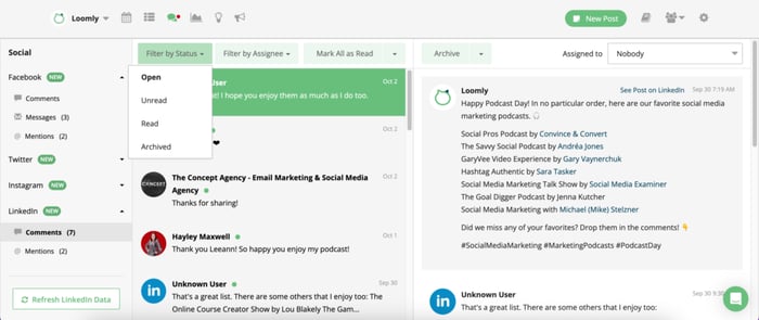 Loomly Interactions dashboard displaying the Filter tab opened with all the available options. 