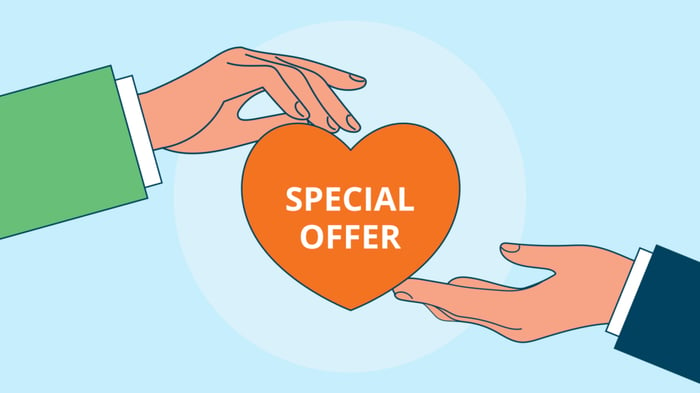 Hands touching a heart-shaped special offer