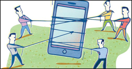 A graphic showing multiple men tugging on a smartphone, showing how intense competition is getting today.