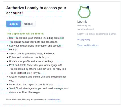 Sign in to Twitter and authorize Loomly on the account