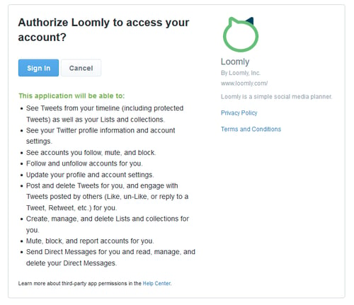 Sign in to Twitter and authorize Loomly on the account