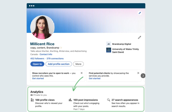 An example profile showing where to find LinkedIn Analytics