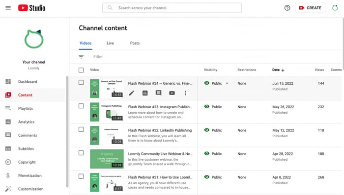 YouTube channel content