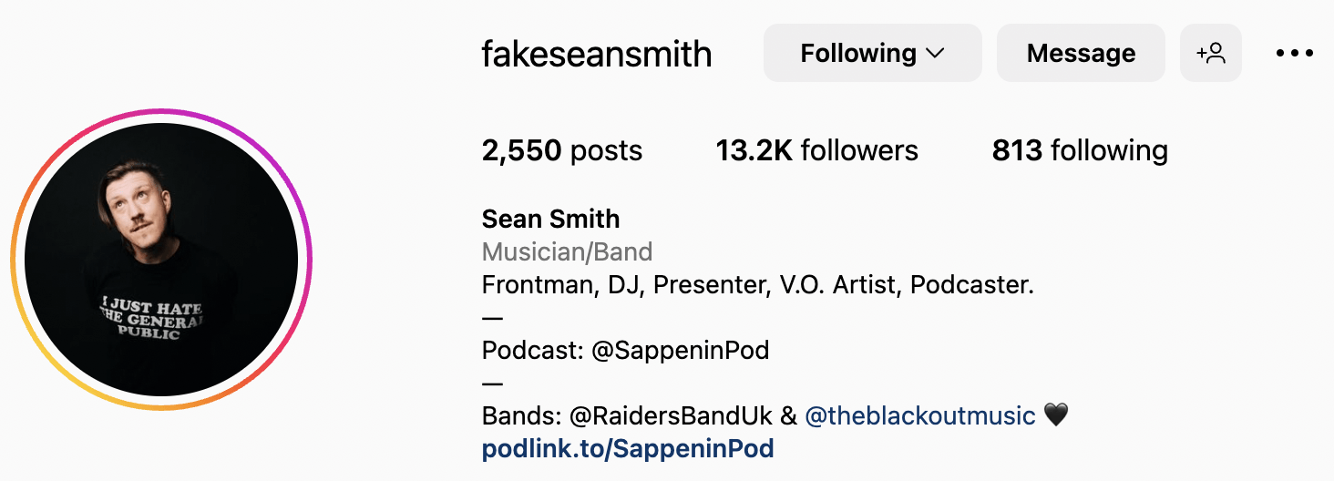 Screenshot of Sean Smith's Instagram account
