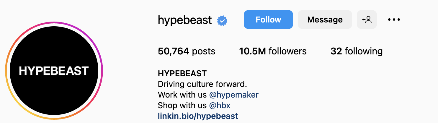 Screenshot of Hypebeast's Instagram account