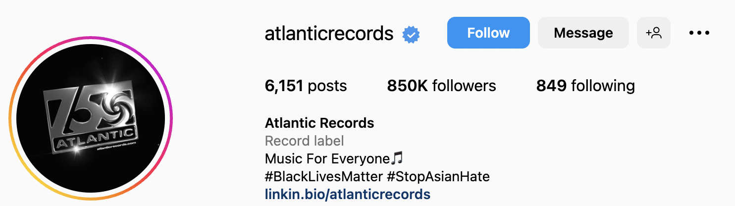 Screenshot of Atlantic Record's Instagram account