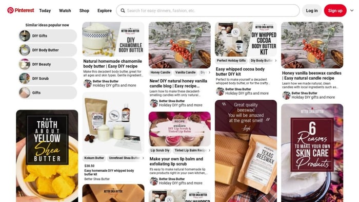 Screenshot of BSB's gifts pinboard