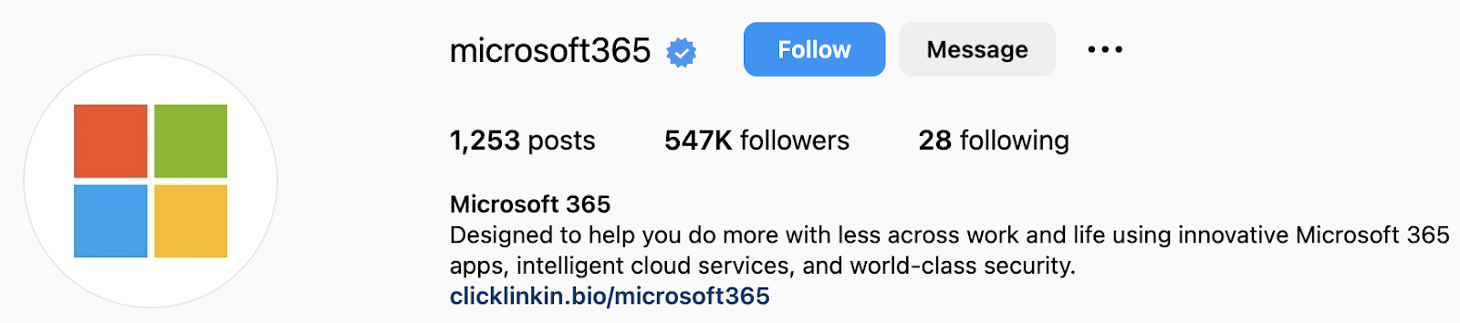 Screenshot of Microsoft 365's Instagram account