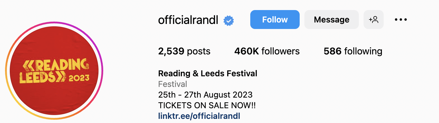 Screenshot of Reading and Leeds Festival's Instagram account