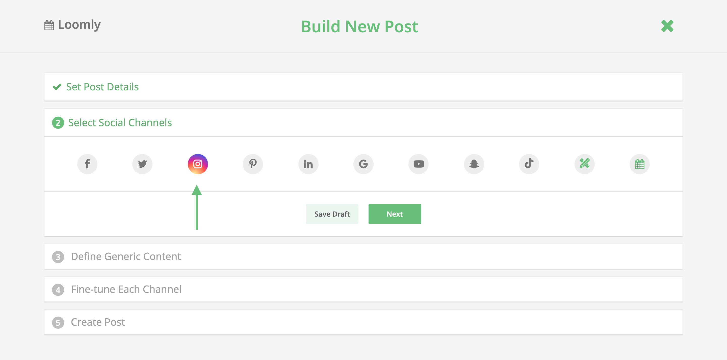 introducing loomly instagram direct publishing post builder step 2 select instagram as a channel