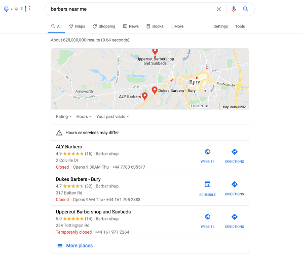 Google lists local businesses in its map pack based on local searches.