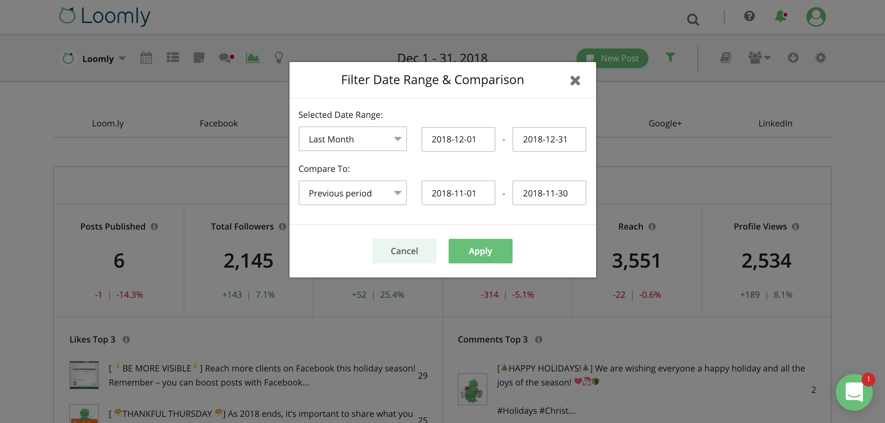 Loomly Advanced Analytics Date Filter