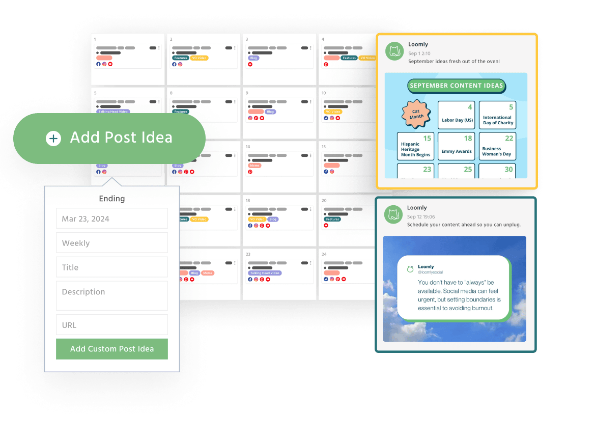 collage of the best Loomly features for social media scheduling