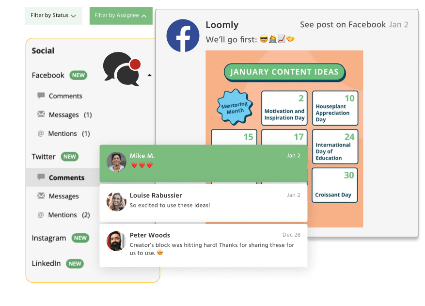 collage of Loomly's in app messaging system